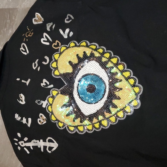 Desigual Black Embellished Black Jacket. Print, Beads, Sequins, Embroidery. M. - Picture 8 of 16